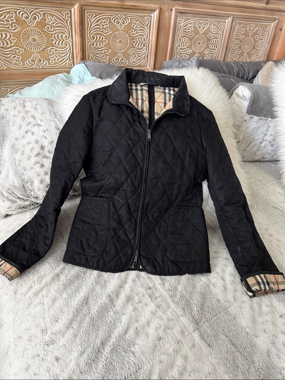Authentic Burberry Black Quilted Pea Coat with Signature Plaid Trim